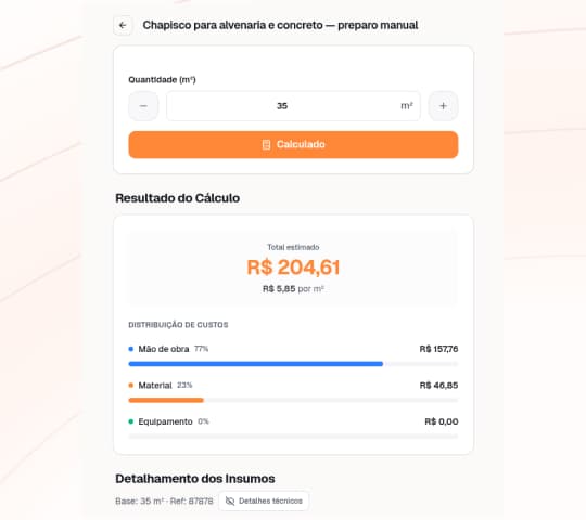 Tela de cálculo de serviços da CalcMais